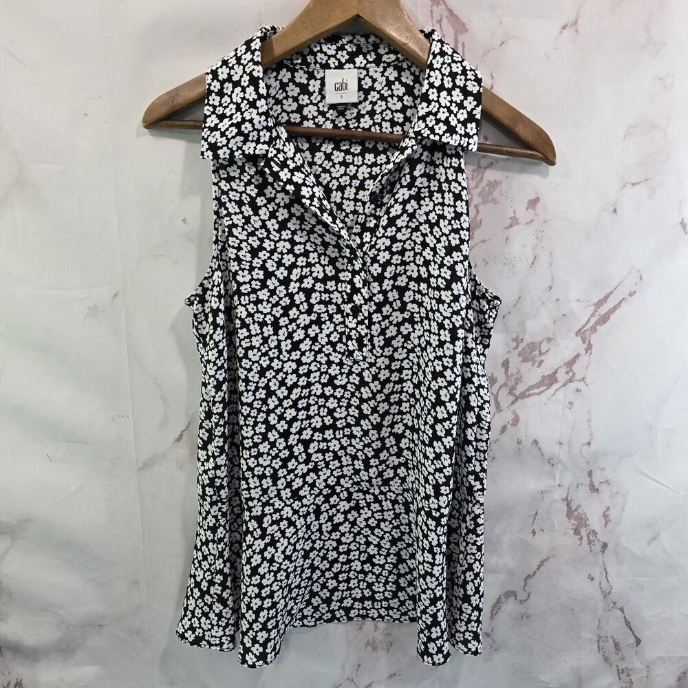 CAbi Tank Top Womens Small White Black Blouse Floral 5733 Ruffle Peplum Befriend